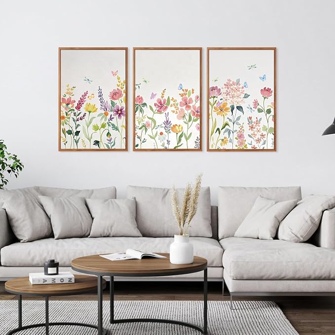 CHDITB Colorful Wildflower Framed Canvas Wall Art Print, Nature Butterfly Poster, Flower Wall Decor, Watercolor Floral Pictures, Botanical Art Prints for Girl Room Living Room Nursery Decor 16"x24"x3