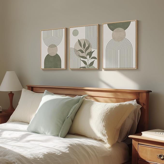 Framed Sage Green Boho Wall Art Bedroom, 3 Piece Beige Bohemian Canvas Paintings Prints Artwork for Walls, Minimalist Geometric Leaf Line Pictures for Living Room Hallway Kitchen Wall Decor, 12x16 In