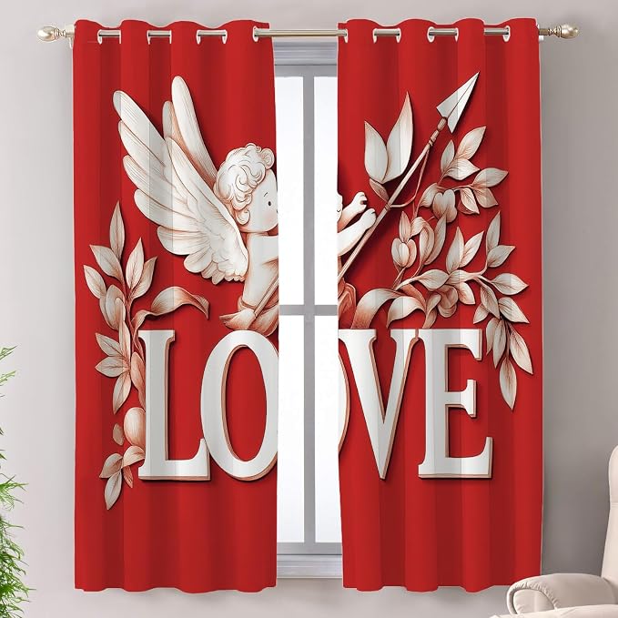 Shrahala Cupid Love Thermal Insulated Blackout Window Curtains, Romantic Love Long Drapes for Bedroom/Living Room with Plastic Grommet, 52X63 Set of 2