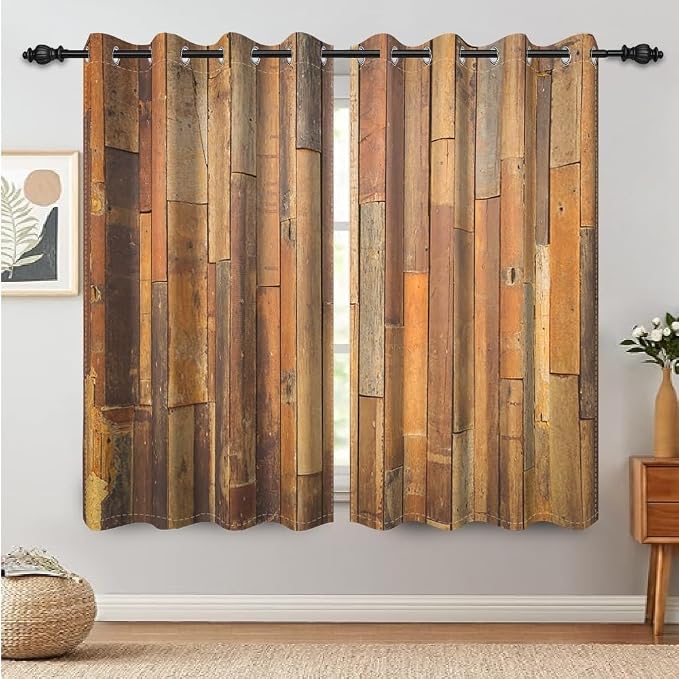 Wooden Curtains Vertical Planks Wooden Window Curtains Rustic Wooden Barn Door Grain Cottage Hardwood Garage Door Bedroom Living Room Window Drapes Decor with Grommets,53x72 inch,2 Panels