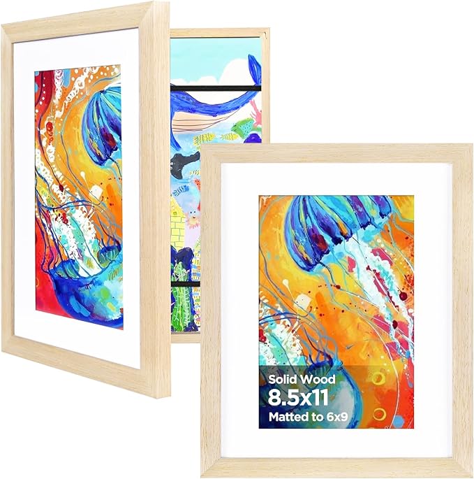 KINLINK 8.5x11 Kids Art Frame 2 Pack, Solid Wood Artwork Frames Changeable, Front Opening Hold 150 Pictures, Art Frames for Kids Artwork, 6x9 with Mat 8.5x11 without Mat, Picture Frames Natural