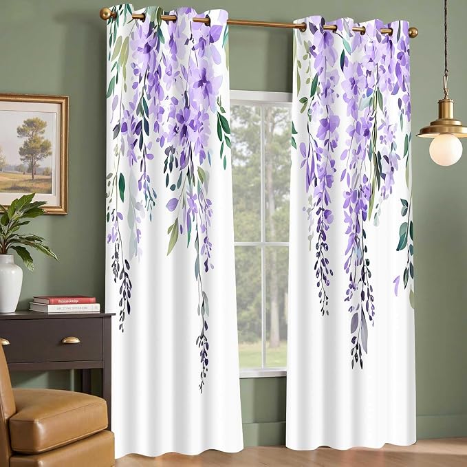 Purple Watercolor Floral Curtains, Botanical Leaves Vine Flowers Curtain, Rustic Farmhouse Flower Leaf Blackout Window Treatment Drapes for Bedroom Living Room 42x90 inch, 2 Panels