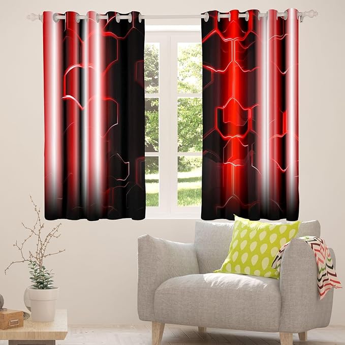 jejeloiu Honeycomb Curtains (2 Panels, 42 x 90 Inch) ModernHexagon Theme Red Curtains RoomStrip Lines Darkening Dreapes Modern Gradient Black Red Window Treatments Blackout