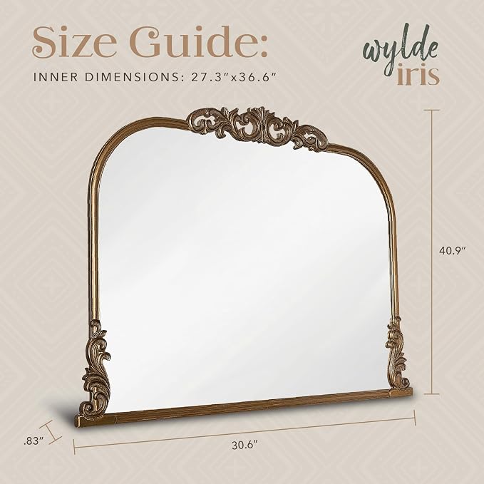 Wylde Iris English Estate Carved Arch Wood Wall Mirror, Mirror for Entryway, Living Room, Bathroom, Antique Gold, 30.6x41