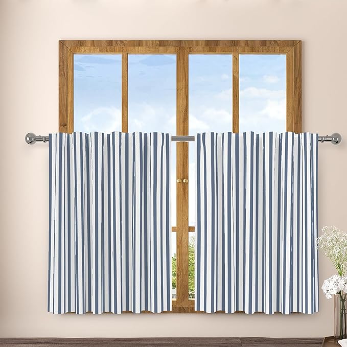 Renaiss 26 x 30 Inch Blue Stripe Kitchen Curtains Heavy Linen Tier Curtain Ticking Stripe Small Curtain for Living Room Bathroom Cafe Small Window Farmhouse Rustic Pinstripe Rod Pocket Drapes 2 Panels