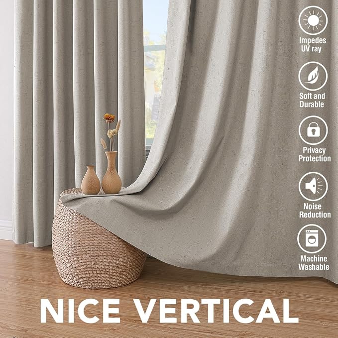 H.VERSAILTEX Linen Blackout Curtains 63 Inches Long 100% Absolutely Blackout Thermal Insulated Textured Linen Look Curtain Draperies Anti-Rust Grommet, Energy Saving with White Liner, 2 Panels, Stone