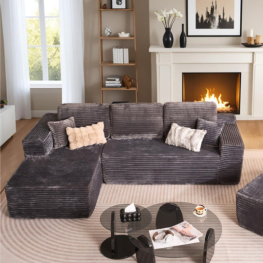 HOOOWOOO Cloud Sectional Couches for Living Room,Modular Sectional Sofa No Assembly,Plush Corduroy Large Floor Couch Furniture Set with Deep Seat Left Chaise L Shape(Gray)