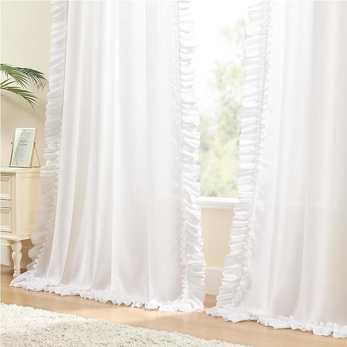 White Ruffled Curtains for Living Room, 2 Panels W47 x L72 Inch Light Filtering Semi-Sheer White Linen Blend Curtains Rod Pocket Vintage Shabby Chic French Country Boho Farmhouse Privacy Window Drapes