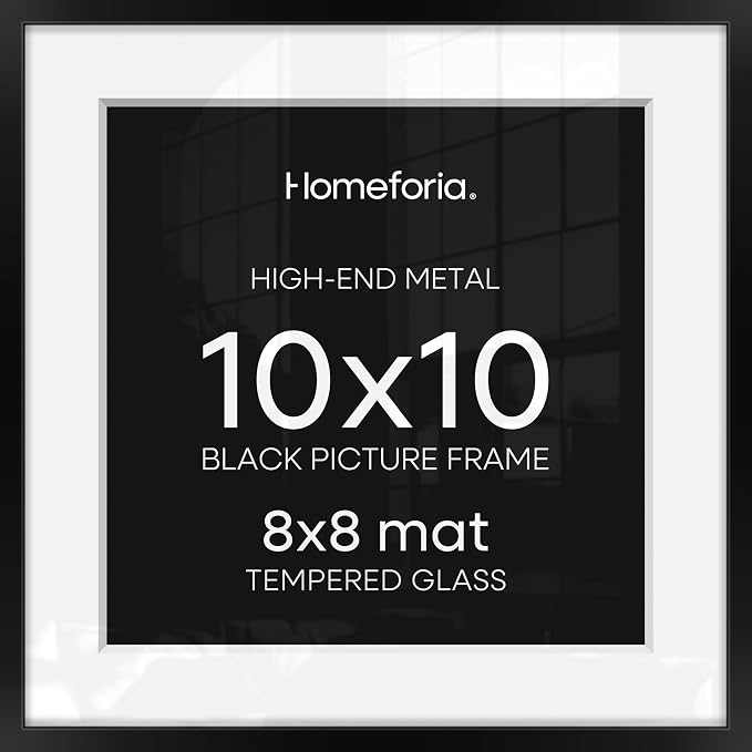 Homeforia 10x10 Black Picture Frame, High End Metal 10 by 10 Square Frames with Mat 8 x 8 Opening, 10by10 Poster Frames Matted to 8x8 Photo, Wall or Tabletop Frames, Tempered Glass, Wall Kit, Set of 2