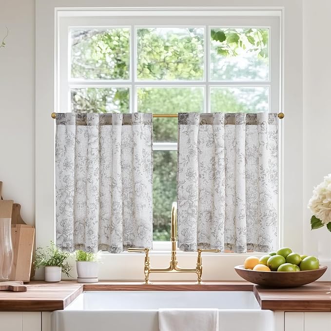 jinchan Linen Floral Tier Curtains 24 Inch Farmhouse Botanic Grey Cafe Curtains Light Filtering Drapes for Small Windows Back Tab Half Window for Kitchen Living Room Bathroom 2 Panels Gray