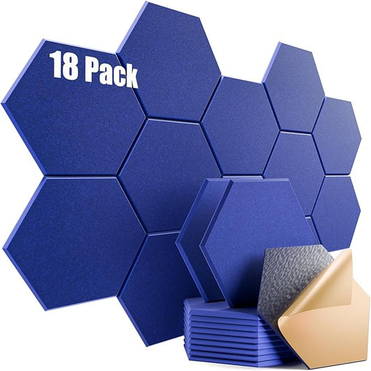 18 Pack Self-adhesive Acoustic Panels 12" X 10" X 0.4" -Sound Proof Foam Panels for wall with High Density, Hexagon Design, Flame Resistant, Absorb Noise and Eliminate Echoes(Telecom Blue)