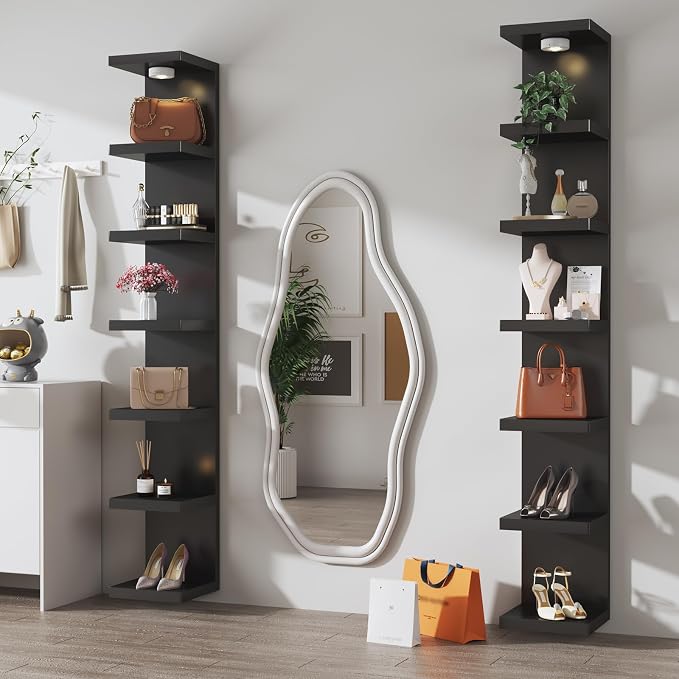 7-Tier Vertical Wall Shelf Unit with USB Rechargeable Led Light (Remote Controlled),Versatile Floating Display Shelves,Lack Style Wall Shelves for Bedroom,Living Room,Office Decor,Vanity-Black