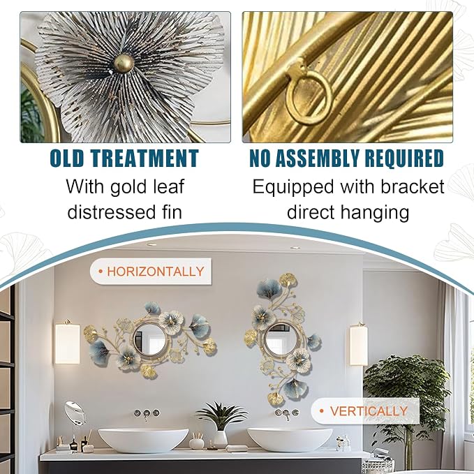 Metal Wall Mirrors Decor, Large Ginkgo Leaf Wall-Mounted Mirrors, Big Wall Decor Mirror, 3D Creative Modern Hanging Wall Mirrors Decorative, for Living Room Bedroom Entryway Bathroom (59X33 Inch)