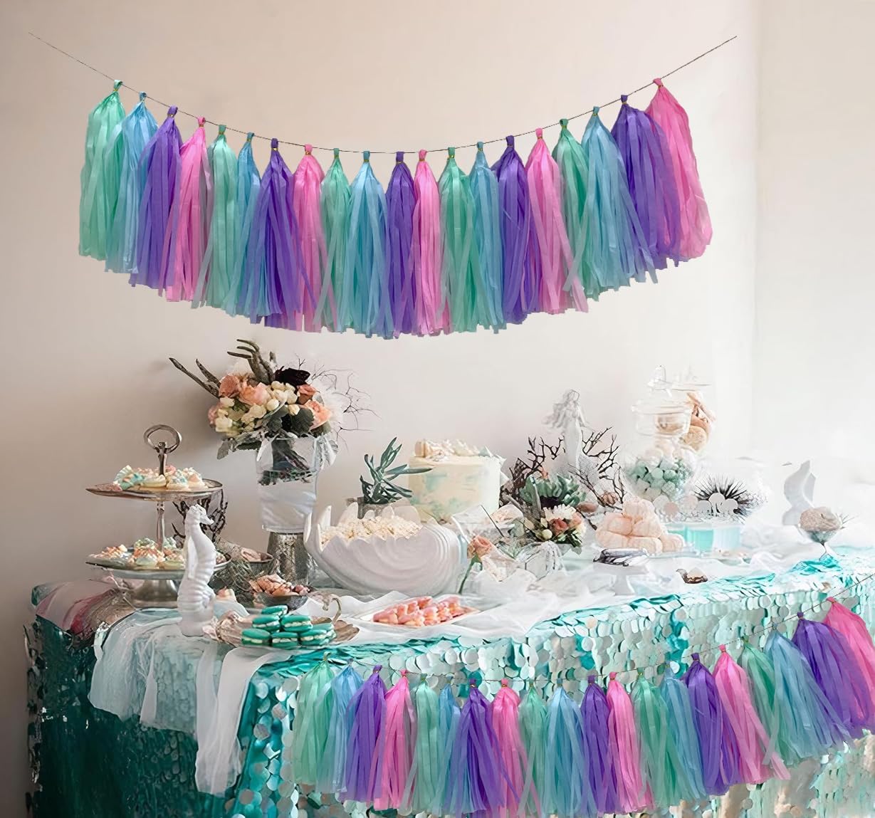 Blue Purple Mint Green Pink Tissue Paper Tassel Garland,Tissue Tassel Banner for Party Decorations,Pack of 20
