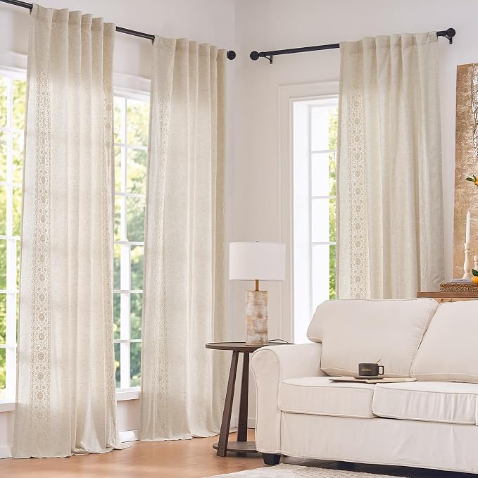 jinchan Weslie Boho Lined Linen Curtains for Bedroom Ivory Vintage Floral Farmhouse Curtains 63 Inch Length Linen Drapes for Living Room Embroidered Drapes Rod Pocket Ivory on Beige 2 Panels