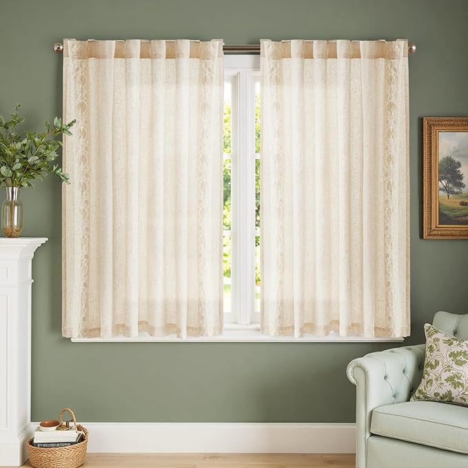 jinchan Ivory Floral Embroidered Short Linen Curtains 54×54 Inches 2 Panels | Light filtering, back tab, rod pocket, cafe curtains for kitchen bedroom living room, cottage farmhouse, small window