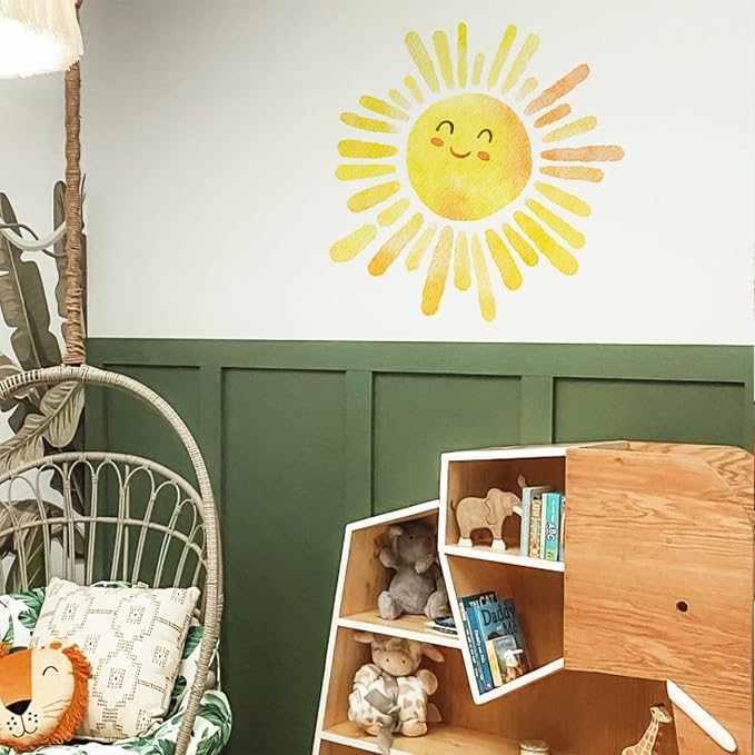 Large Sunshine Nursery Decor, Smile Sun Wall Decal for Playroom, Classroom and Party, Watercolor Sun Glow