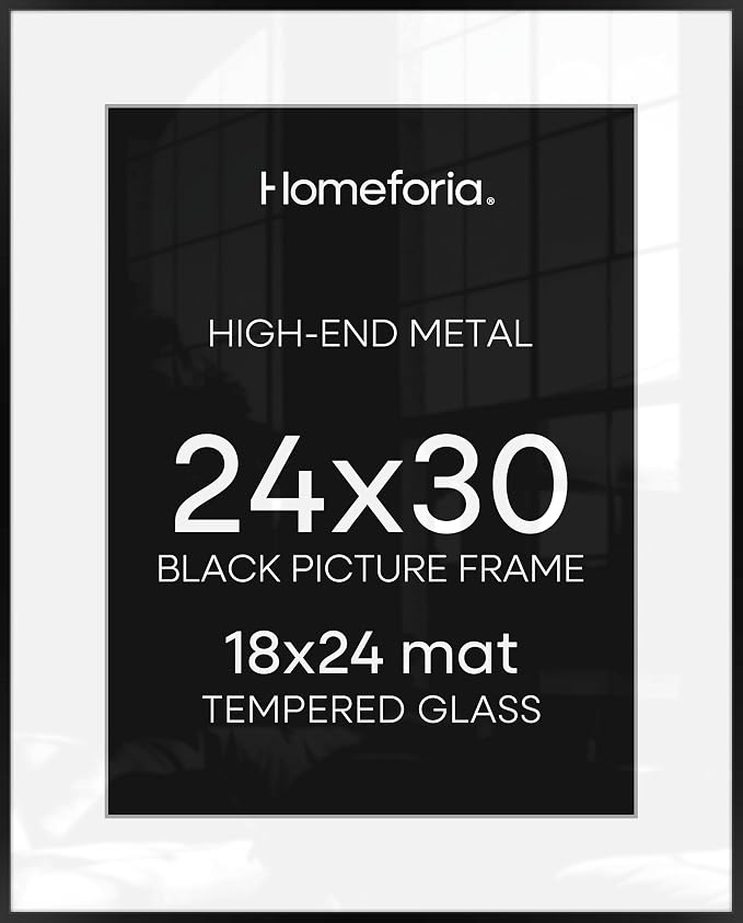Homeforia 24x30 Poster Frame Black, High End Metal 24 x 30 Picture Frames with Mat 18 by 24 inches Photo, 24x30 Black Frame Matted to 18x24 Print, 30x24 Large Frame, Tempered Glass, Wall Kit, Set of 2