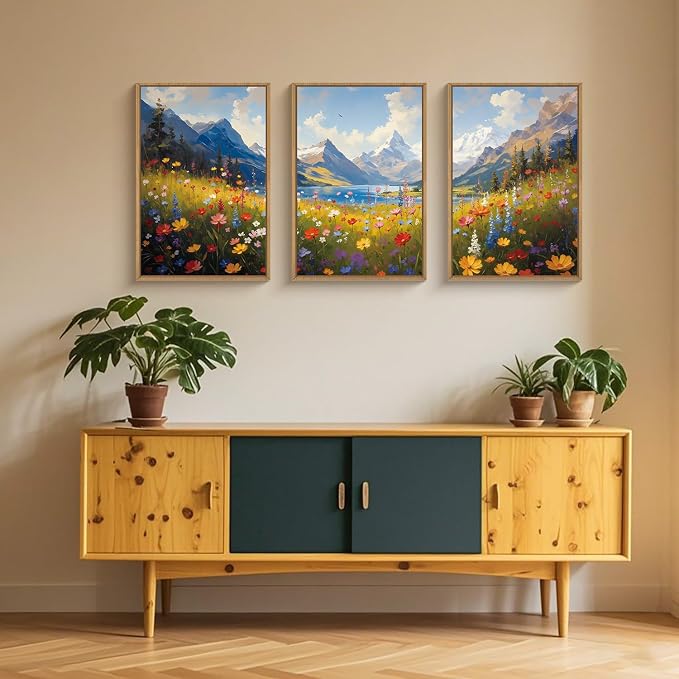HOURIA Spring Boho Vibrant Watercolor Wildflower & Snowy Mountain Framed Canvas Wall Art Set,Colorful Floral Landscape Decor,Modern Natural Field Scenery Artwork for Living Room,Bedroom,Farmhouse-16"x24"x3