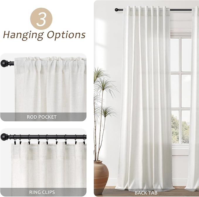 Aersas Natural Linen Curtains 90 Inches Length for Living Room Flax Texture Wave Fabric Semi Sheer with Rod Pocket Back Tab for Bedroom Balcony Light Filtering Neutral Home Decor 52x90