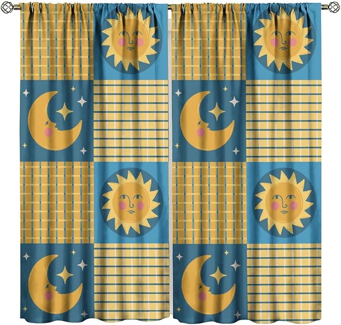 Retro Bohemian Plaid Blackout Curtains, Boho Sun Moon Stars Art Rustic Farmhouse Window Drapes, for Living Room Bedroom 42" W X 54" L
