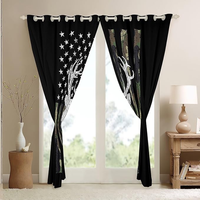 American Flag Curtains For Bedroom,Deer Hunting Window Curtains Army Green Military Camo Window Drapes 42"Wx63"L For Living Room,Western Farmhouse Stars Stripes Window Treatments 2 Panel Set