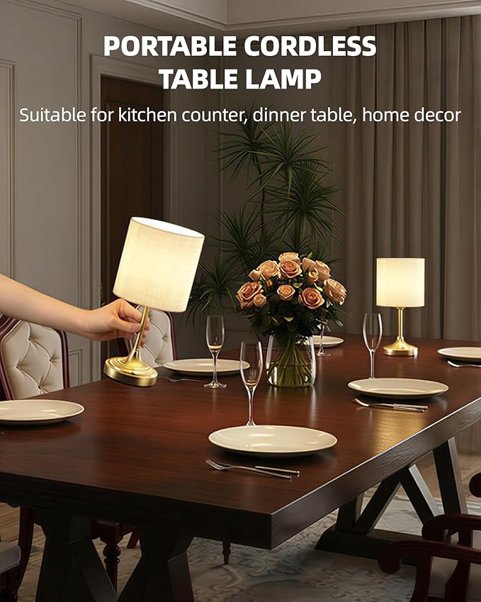 Wireless Lamp, 2-Pack, 8000mAh, Dimmable, Ambient Light, 2700K, Touch Control, Portable, Small, LED, Rechargeable Table, Rechargeable, Cordless, Desk Lamp, Kitchen Lamp, Fabric Shade, for Dining Room