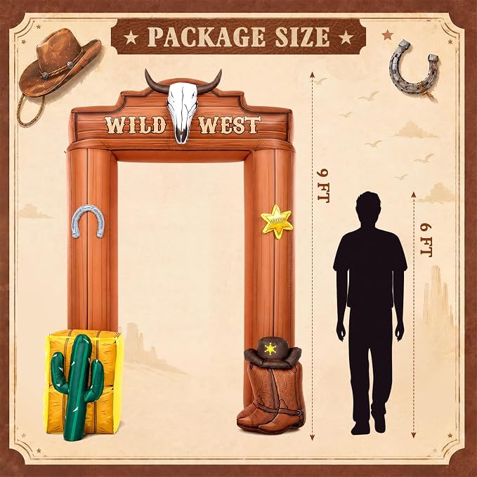 Seenelling 9 ft Western Cowboy Giant Inflatable Archway Decoration Brown Wild West Theme Arch Built-in LED Lights for Birthday Western Event Festival Entrance Outdoor Supplies