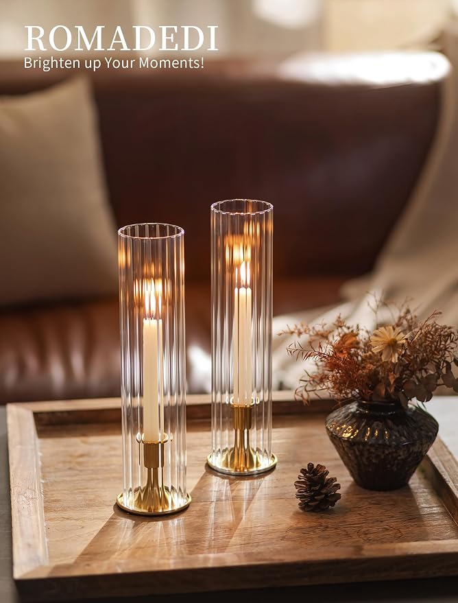 Romadedi Hurricane Glass Candle Holder: Set of 2 Gold Taper Candle Sticks Holder with Ribbed Cylinder Cover & Weighted Base for Coffee Table Centerpiece Christmas Wedding Outdoor Decor