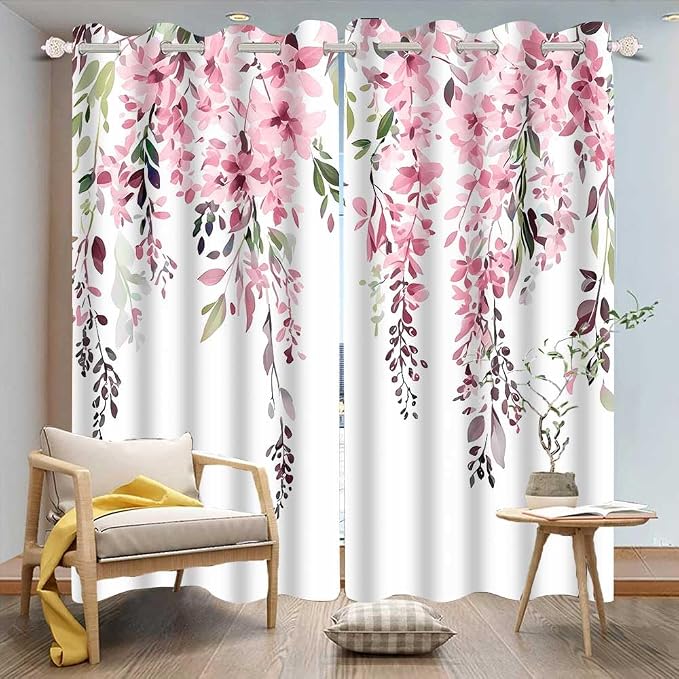 Pink Watercolor Floral Curtains, 52x84 inch, 2 Panels | Botanical Leaves Vine Flowers, Rustic Farmhouse, Blackout Window Treatment, For Bedroom Living Room
