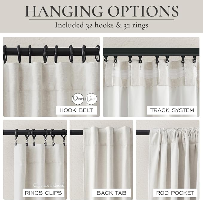 Short Linen Blackout Curtains for Bedroom 48 Inches Length 2 Panels Set, Kitchen/Bathroom Curtain for 46 Inch Small Window, Heat Blocking Thermal Insulated, Hook Belt Pleated/Back Tab(50"Wx48"L)