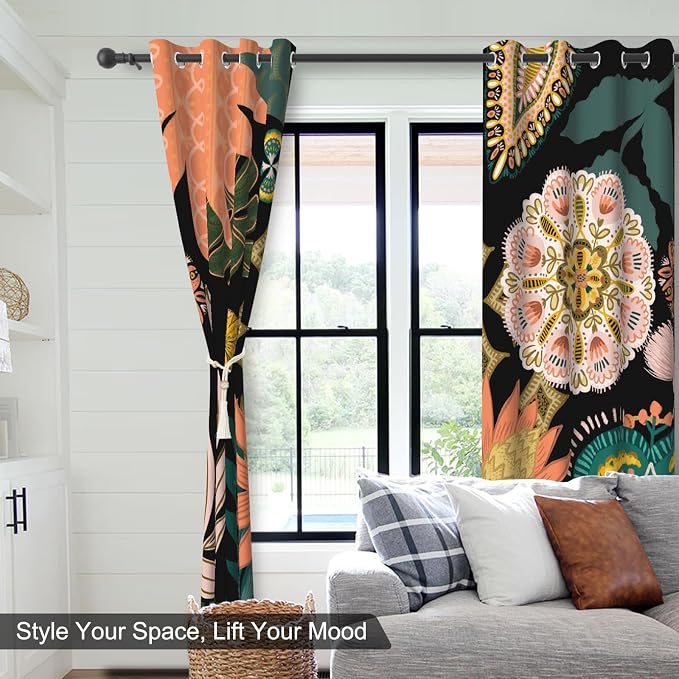 Boho Blackout Curtains 84 Inch Length 2 Panels Set, Farmhouse Floral Black Out Curtains 84 Inch Long with Tiebacks, Room Darkening Thermal Soundproof Bohemian Curtains for Bedroom and Living Room