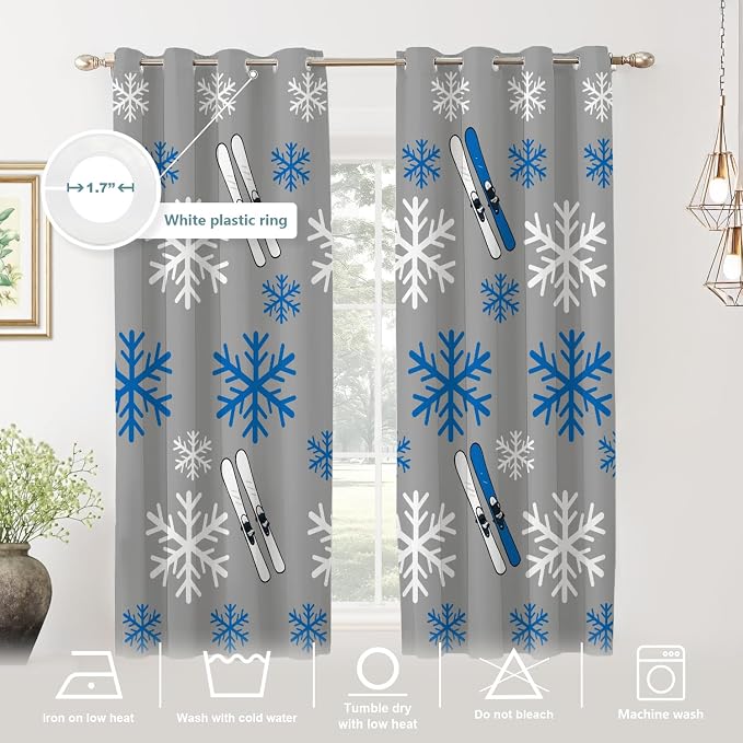 Shrahala Snowflakes Skis Blackout Window Curtains, Winter Sports Themed Pattern Thermal Insulated Curtains Grommet Long Drapes for Bedroom,Living Room (2 Panels, 52 X 63 in)