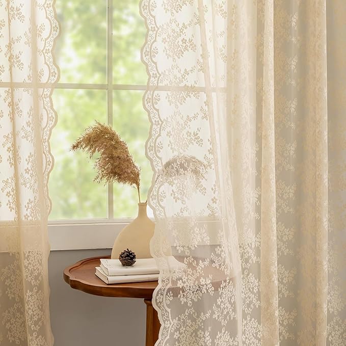 YJ YANJUN Vintage Lace Curtains 90 Inches Long-Victorian Floral Beige Sheer Curtains for Living Room Bedroom Light Filtering Drapes Farmhouse Boho 70s Home Decor 2 Panels W52 X L90 Light Beige