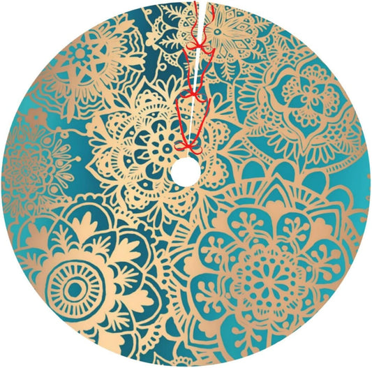 36" Large Christmas Tree Skirt, Elegant Teal Green Mandala Pattern Pattern Tree Mat Base Cover for Xmas Festive Holiday Party Decoration Ornaments
