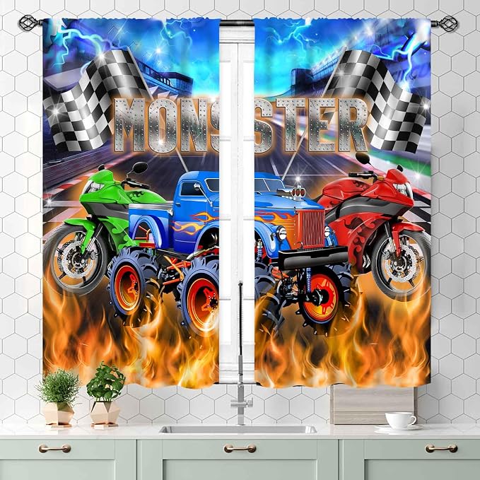 Racing Car Curtains, Cool Monster Cartoon Truck Buring Flame Colorful Race Stadium Blackout Window Drapery Treatments for Boys Kids Baby Bedroom Living Room Playroom Nursery 2 Panel Set, 55x39 Inch