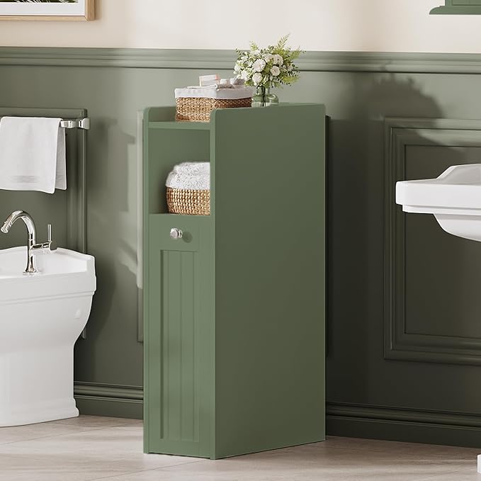 ChooChoo Slim Bathroom Storage Cabinet, Small Narrow Storage Organizer with Slide Out Drawers, Freestanding Toilet Paper Holder, Bathroom Cabinet for Small Places, Green