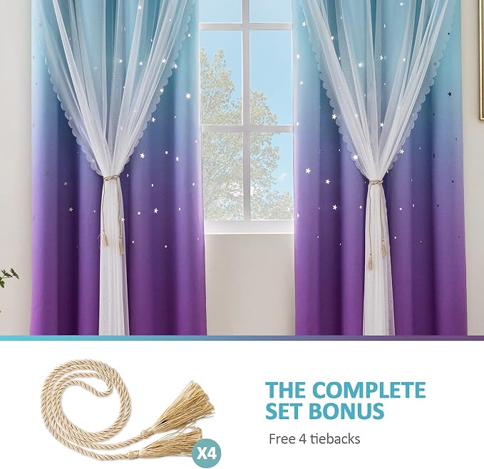Stiio Star Cutout Curtains for Girls Bedroom 2 Panels, 2 in 1 Light Blocking Blackout Curtains with Sheer Grommet Window Drapes for Living Room Kids Room, W52 x L95 inches, Blue Purple