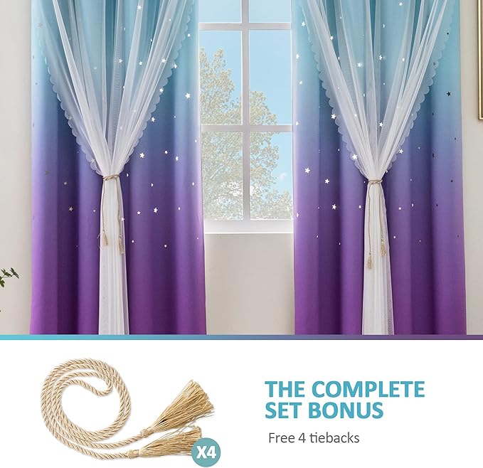 Stiio Girls Rainbow Star Curtains, 2 Panels W52 x L84 inches, Kids Room Darkening Blackout Curtains with Blue Purple Ombre Stripe