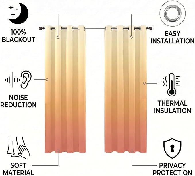 Sunset Gradient Blackout Curtains - 100% Blackout, Thermal Insulated Noise Reducing, Ombre Inspired By Sunset, 2 Panels, Each W52xL84