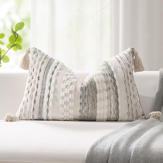Kevin Textile 14x24 Inch Lumbar Throw Pillow Cover 1 Pack Boho Decorative Soft Chenille Thread Woven Tufted Textured Rectangle Cushion Case Farmhouse Accent for Living Room Couch Sofa Bed, Grey