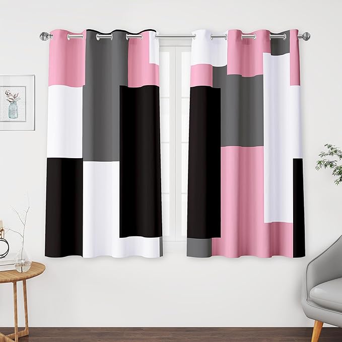 Tyrot Pink 100% Blackout Curtains for Bedroom 45 inch Length 2 Panels Set Grey Modern Abstract Geometric Black Out Curtains Insulated Room Darkening Window Drapes for Living Room, 52Wx45L
