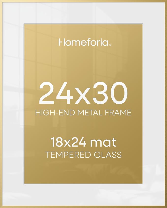 Homeforia 24x30 Picture Frame Gold, High End Metal 24 x 30 Poster Frames with 18 by 24 Mat Opening, 24x30 Gold Photo Frame Matted to 18x24 Print, 30x24 Large Frames, Tempered Glass, Wall Kit, Set of 3