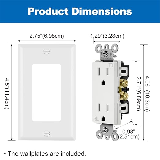 BESTTEN 100 Pack Decorator Receptacle Outlet, 15 Amp Standard Electrical Wall Outlet, Decor Tamper Resistant Receptacle with Wall Plate, 15A/125V/1875W, UL Listed, White
