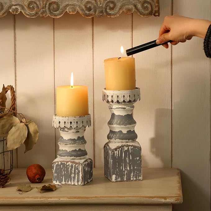 NIKKY HOME Farmhouse Rustic Solid Wood Pillar Candle Holders Set of 2, Grey | Distressed Wooden Candle Pedestals, Decorative Pillar Stands for Mantels, Fireplaces, Centerpieces Tables, Shabby Chic Decor