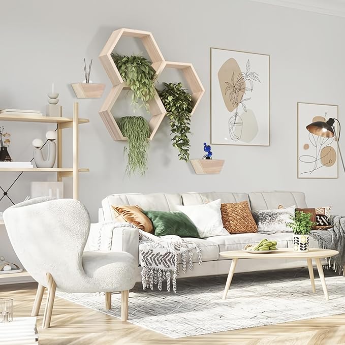 Wooden Hexagon Floating Shelves Set of 5 wall Mounted Honeycomb Shelf octogone shelve Geometric Shaped Organizer for Living Room Bathroom Bedroom Guest Room Decor Accessories nartural