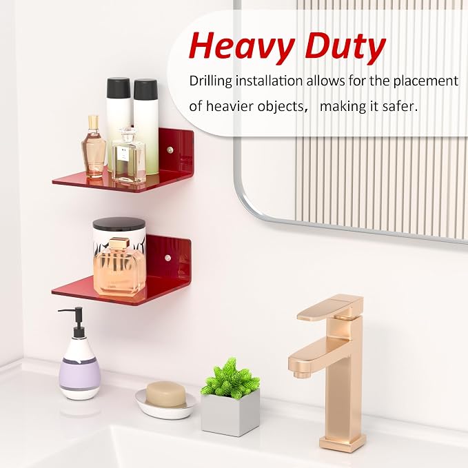Sezanrpt 6 Inches Acrylic Small Wall Shelves, Red Floating Shelf for Wall Mounting, Acrylic Display Ledges for Funko Pop Figures, Home Décor, Living Room, Gaming Room, Plants, 2 Pack