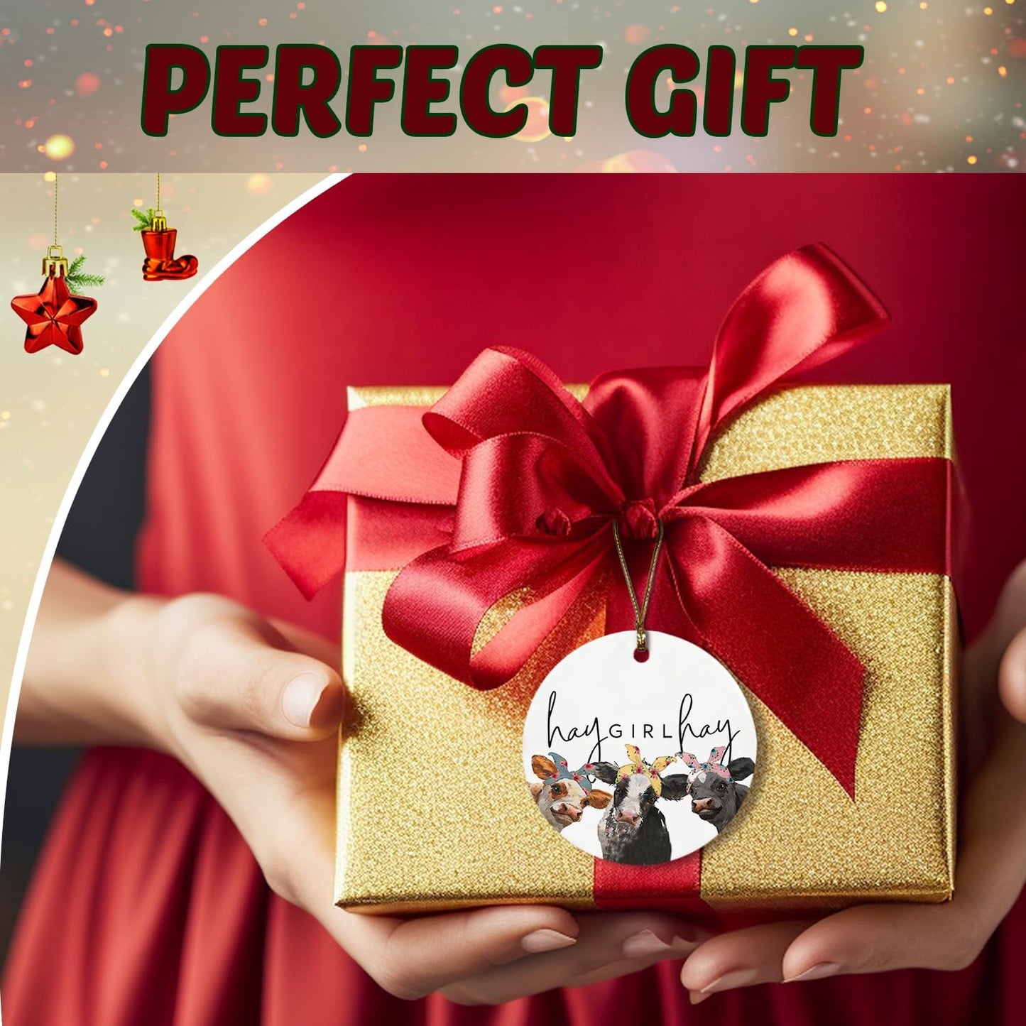 Cow Gifts for Women Cow Lovers Girls, Hay Girl Hay Farmhouse Ceramic Christmas Ornament Keepsake Sign Plaque, Girls Room Bedroom Dorm Decor