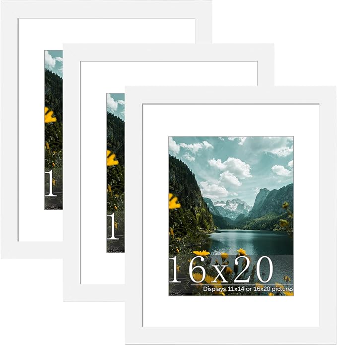 Picrit 16x20 Picture Frame 3 Pack, White Poster Frame, Display Poster 11 x 14 with Mat or 16 x 20 without Mat for Horizontal or Vertical Wall Mounting