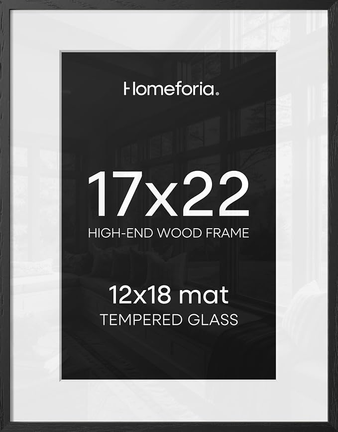 Homeforia 17x22 Picture Frame Black Wood, High End Oak 17x22 Poster Frames with Mat 12x18 Photo, 17 x 22 Wooden Frame Matted to 12 by 18 Print, 22x17 Hanging Frames, Tempered Glass, Wall Kit, Set of 2